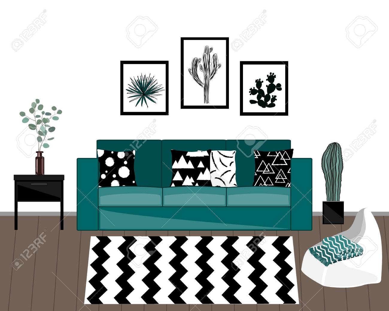 Interieur De Salon De Style Scandinave Avec Tapis Noir Et Blanc Canape Bleu Avec Oreillers Ornes Plantes D Interieur Et Mur Blanc Avec Photos De Cactus Illustration Vectorielle Clip Art Libres De Droits