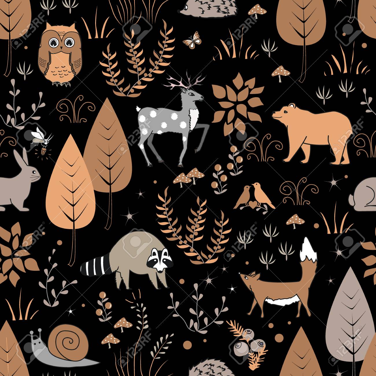 Cute Forest Seamless Pattern With Raccoon And Other Animals In Childish Cartoon Style Vector Illustration Can Be Used For Wallpaper Pattern Fills Web Page Background Print On Fabric Or Paper Royalty Free