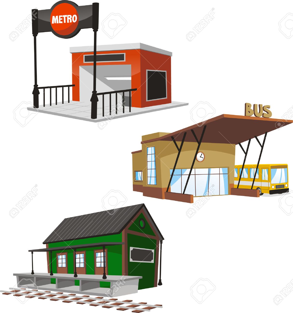 地下鉄 バスの駅や電車のターミナルを含む 3 の公共の建物セットのセット のイラスト素材 ベクタ Image