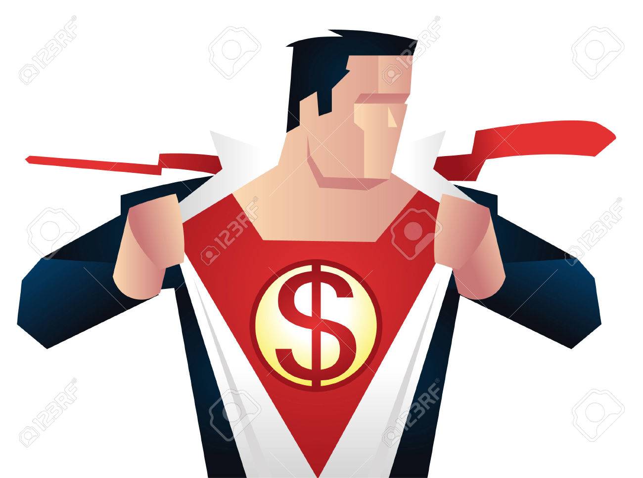 superhero with dollar sign on his chest with red superhero costume