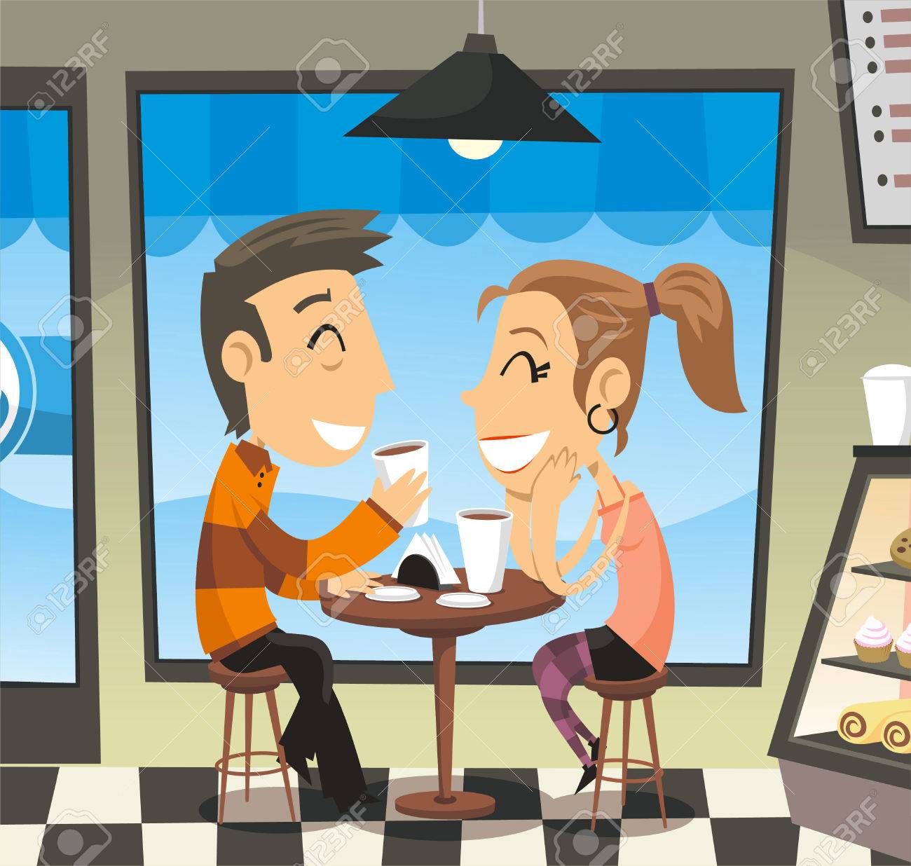 男女 笑って 共有 コーヒーを飲んで行くと笑いのカフェでコーヒーを飲んでのカップル ベクトル イラスト漫画 のイラスト素材 ベクタ Image