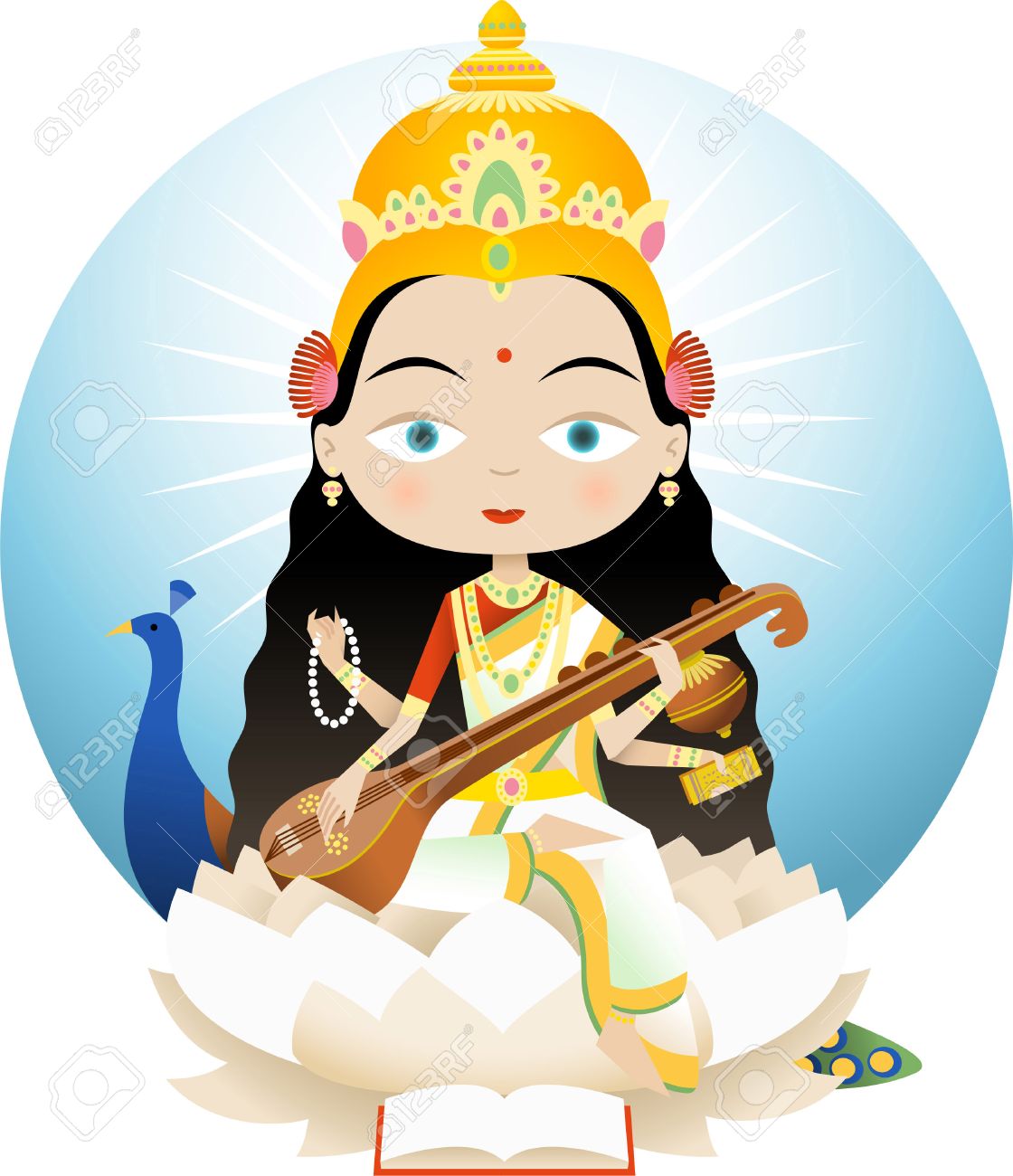 サラスワティのヒンズー教知識 音楽と芸術の女神であります 彼女は ブラフマーの配偶者は サラスワティは ヴェーダの母であると見なされます のイラスト素材 ベクタ Image