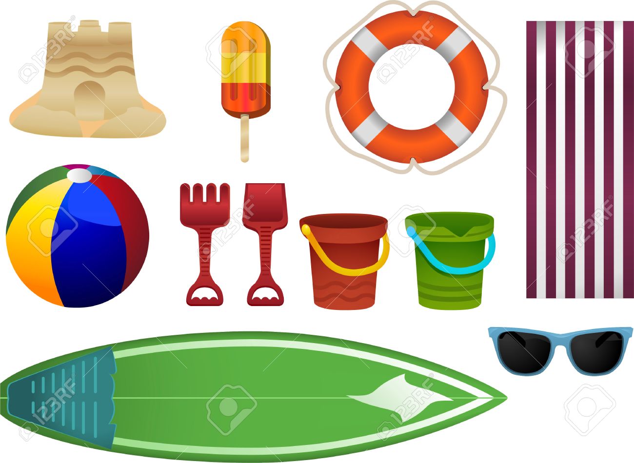 Léments De La Plage De Sable Avec Château De Sable Glace Aide à La Flottabilité Ballon De Plage Pelle Seau Seau Toile Bâche Planche De Surf