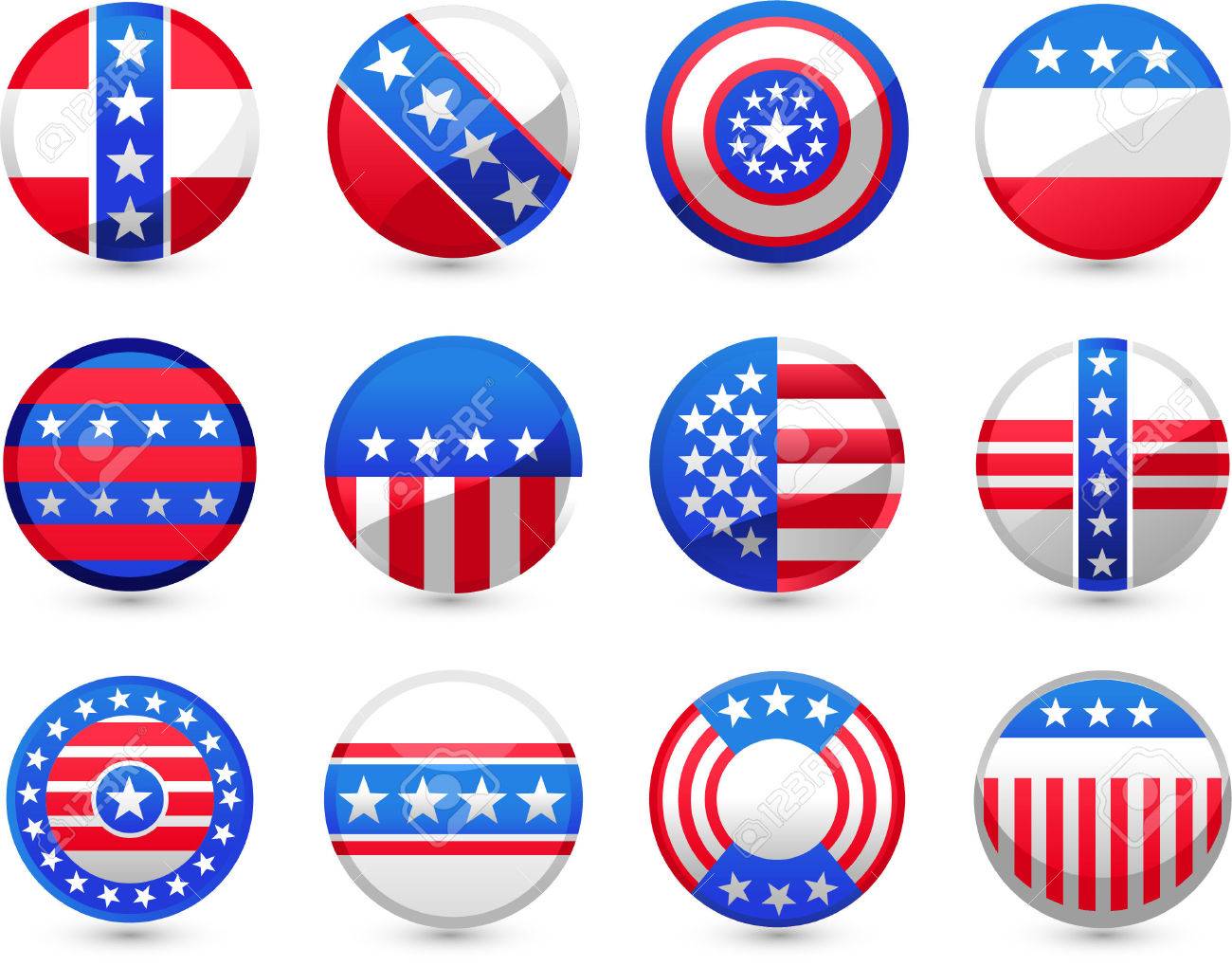 12 の異なる米国ボタンでは 赤 青 白い星とアメリカの国旗とアメリカの動機は異なるベクトル イラストで のイラスト素材 ベクタ Image