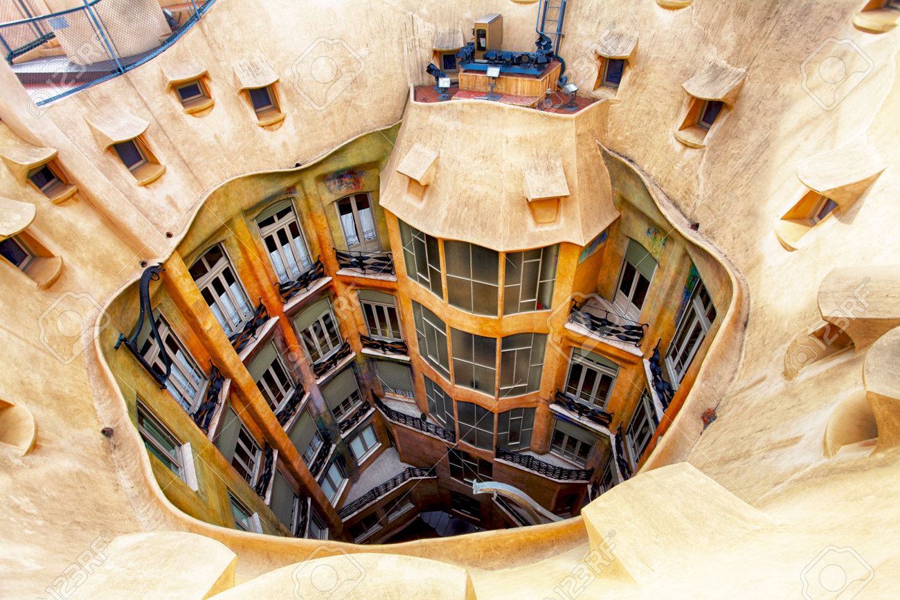 BARCELONA, SPAIN - FEBRUARY 9, 2016: Closeup of Casa Mila La Pedrera in Barcelona, Catalonia. House was built in 1905 to 1910 by Catalan architect Antoni Gaudi. - 53090303 BARCELONA, SPAIN - FEBRUARY 9, 2016: Closeup of Casa Mila La Pedrera in Barcelona, Catalonia. House was built in 1905 to 1910 by Catalan architect Antoni Gaudi. - 53090303