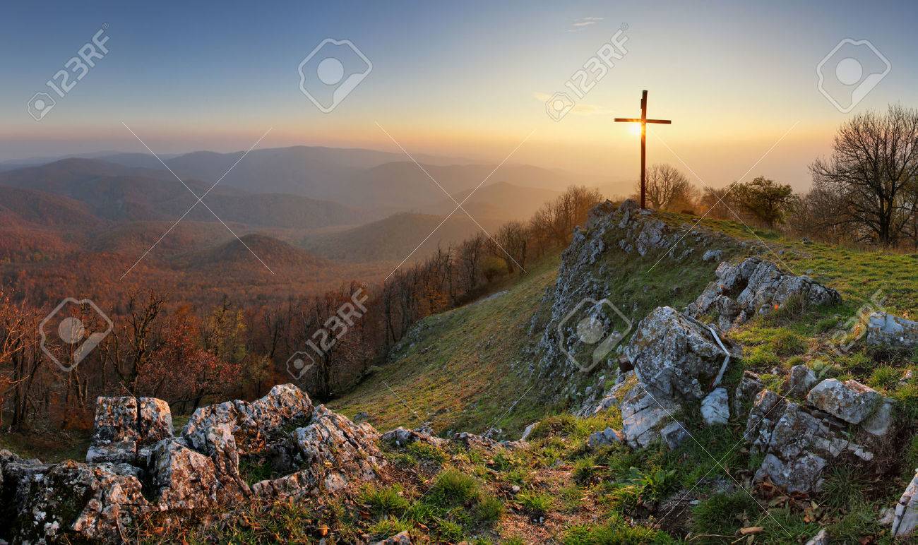 Autumn mountain panorama in Small Karpaty with cross - 63816129 Autumn mountain panorama in Small Karpaty with cross - 63816129