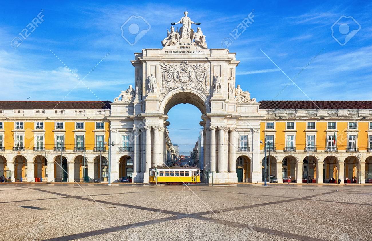 Praca do Comercio with yellow tram, Lisbon, Portugal - 73933787 Praca do Comercio with yellow tram, Lisbon, Portugal - 73933787
