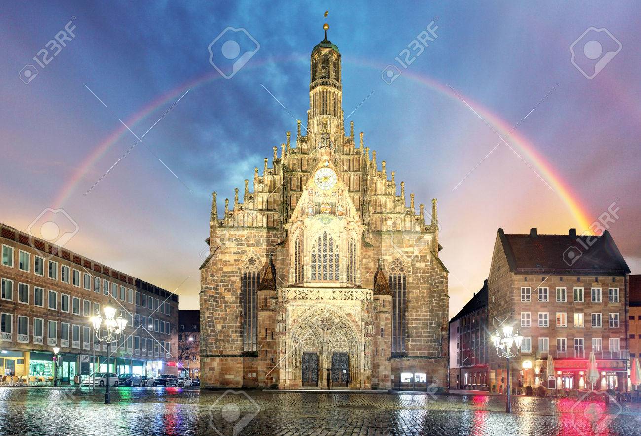 Nuremberg, cathedral Frauenkirche in Hauptmarkt wtih rainbow, Bavaria, Germany - 74989241 Nuremberg, cathedral Frauenkirche in Hauptmarkt wtih rainbow, Bavaria, Germany - 74989241