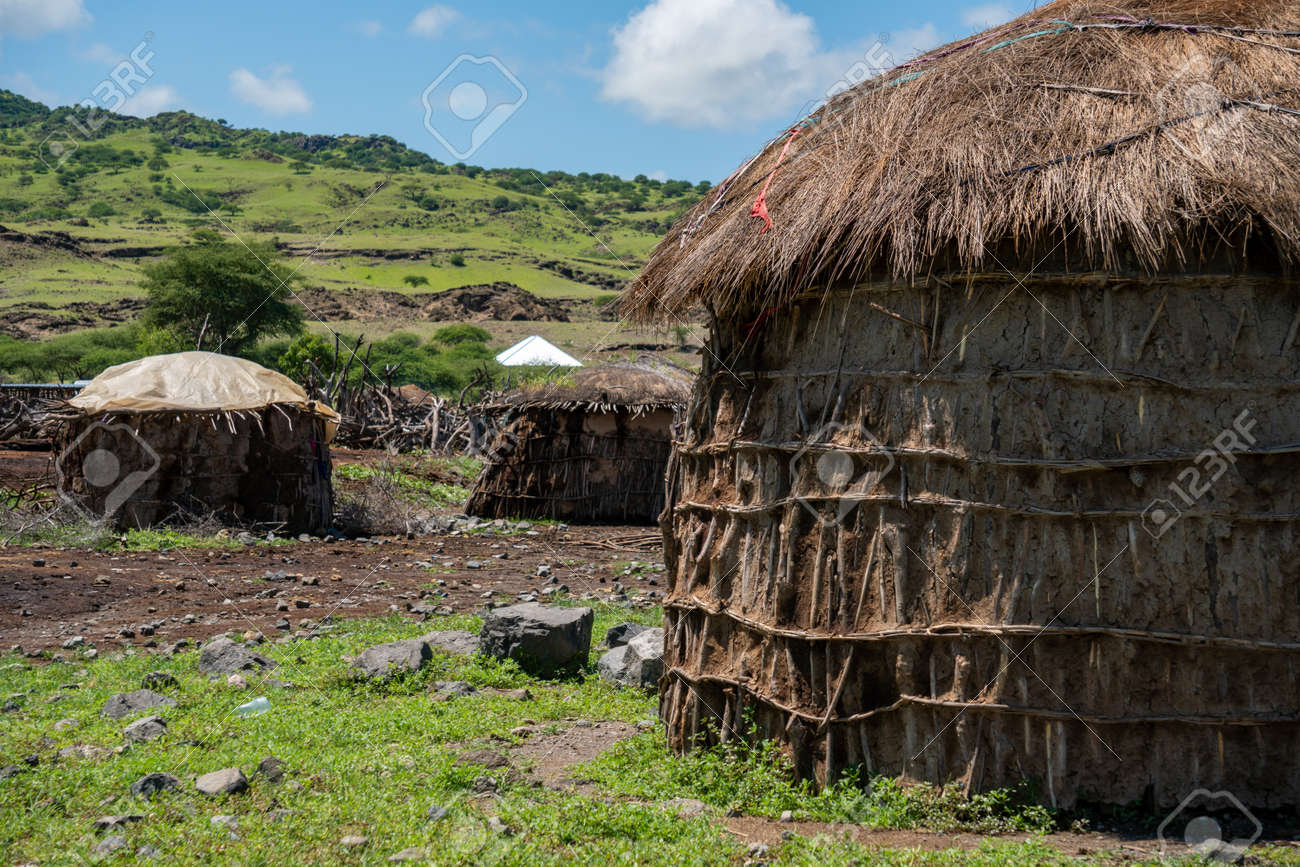 탄자니아 아프리카의 나트론 호수 근처 엔가레 세로 지역과 탄자니아 아프리카의 올 도이뇨 렌가이 화산에 점토 둥근 오두막이 있는 전통적인  마사이족 마을 로열티 무료 사진, 그림, 이미지 그리고 스톡포토그래피. Image 155886134