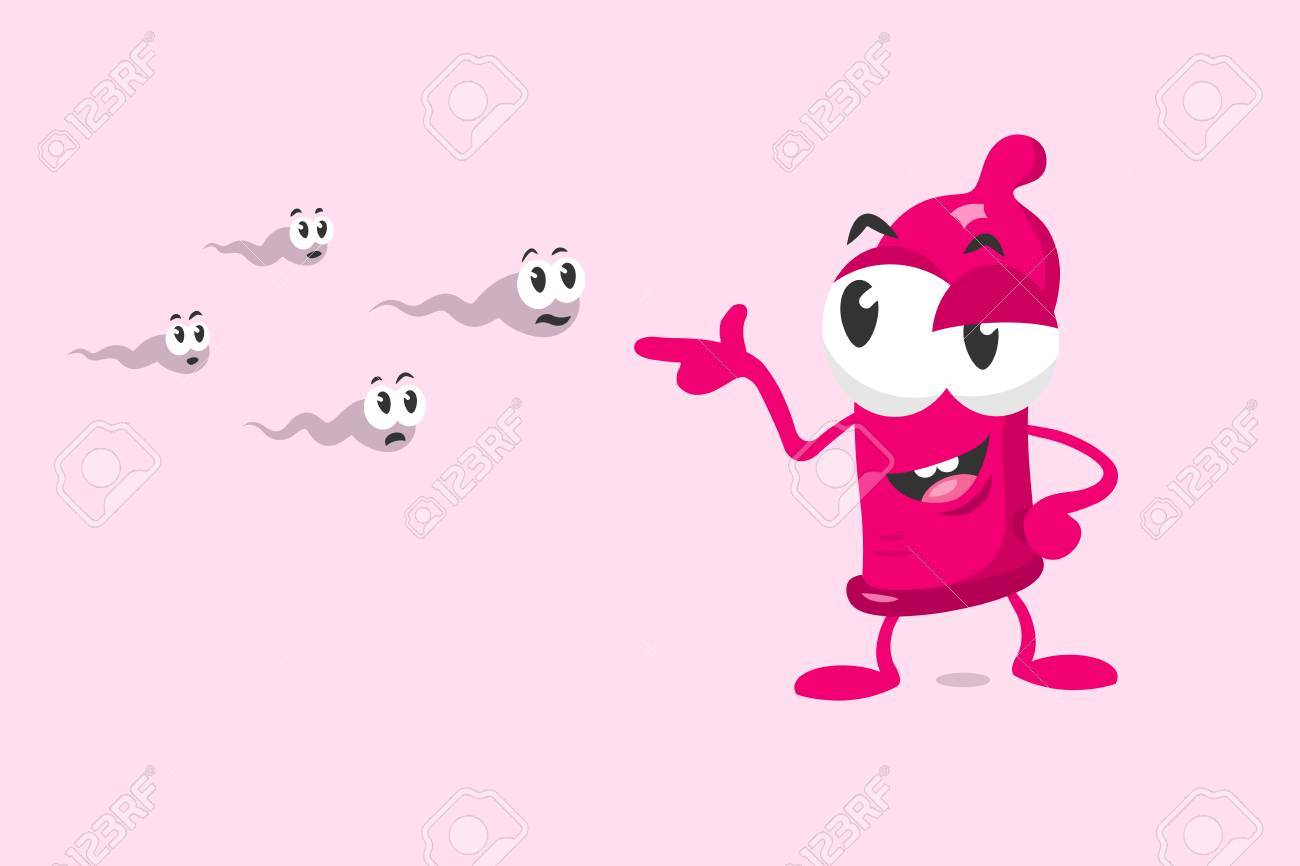 かわいいコンドームマスコットは精子で撮影します 明るい背景に分離されています のイラスト素材 ベクタ Image