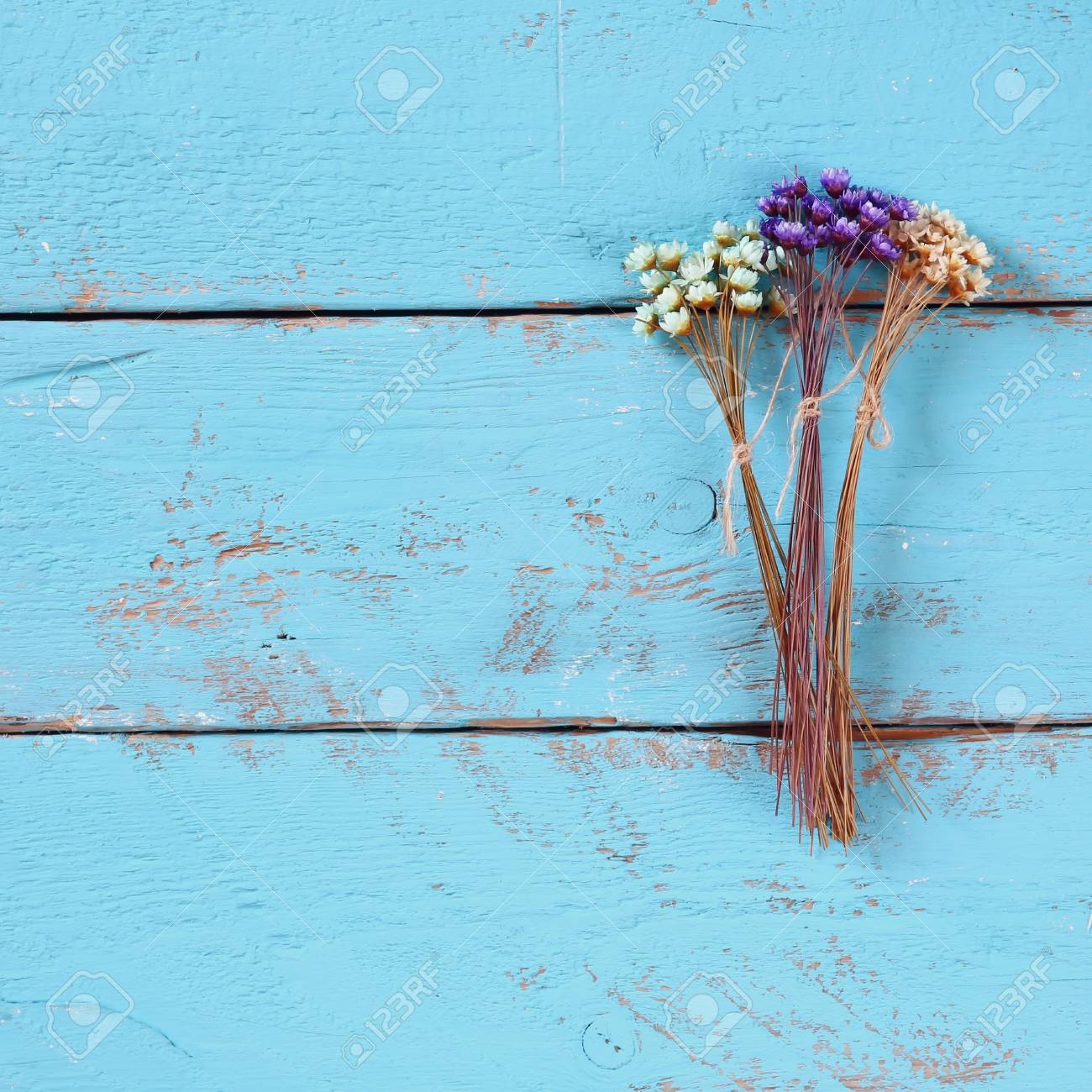 古い青い木製の背景にカラフルなドライフラワーの平面図イメージ の写真素材 画像素材 Image