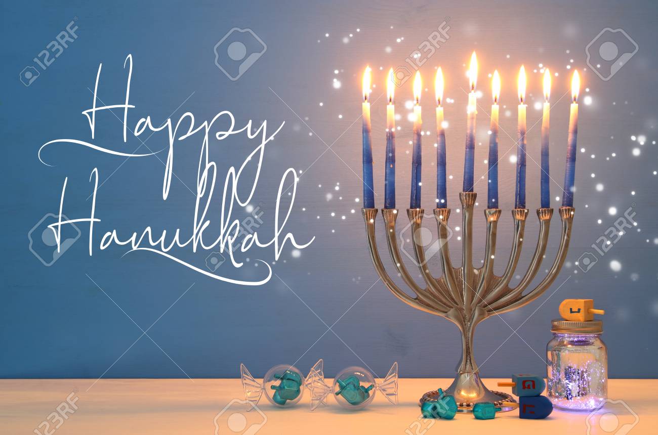 image of jewish holiday Hanukkah background with menorah (traditional candelabra) and candles - 110259844 image of jewish holiday Hanukkah background with menorah (traditional candelabra) and candles - 110259844