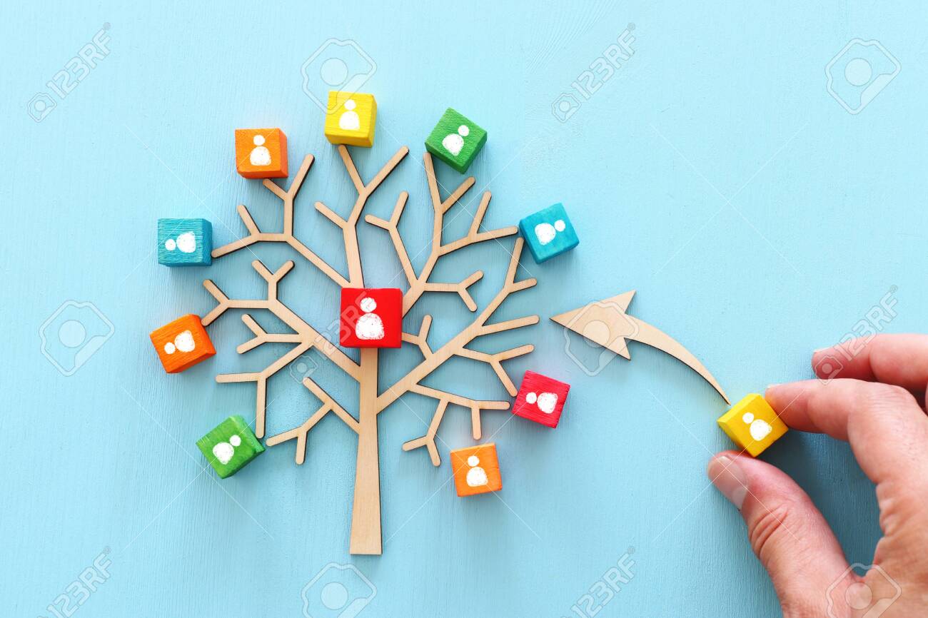 Business image of wooden tree with people icons over blue table, human resources and management concept - 126462510 Business image of wooden tree with people icons over blue table, human resources and management concept - 126462510
