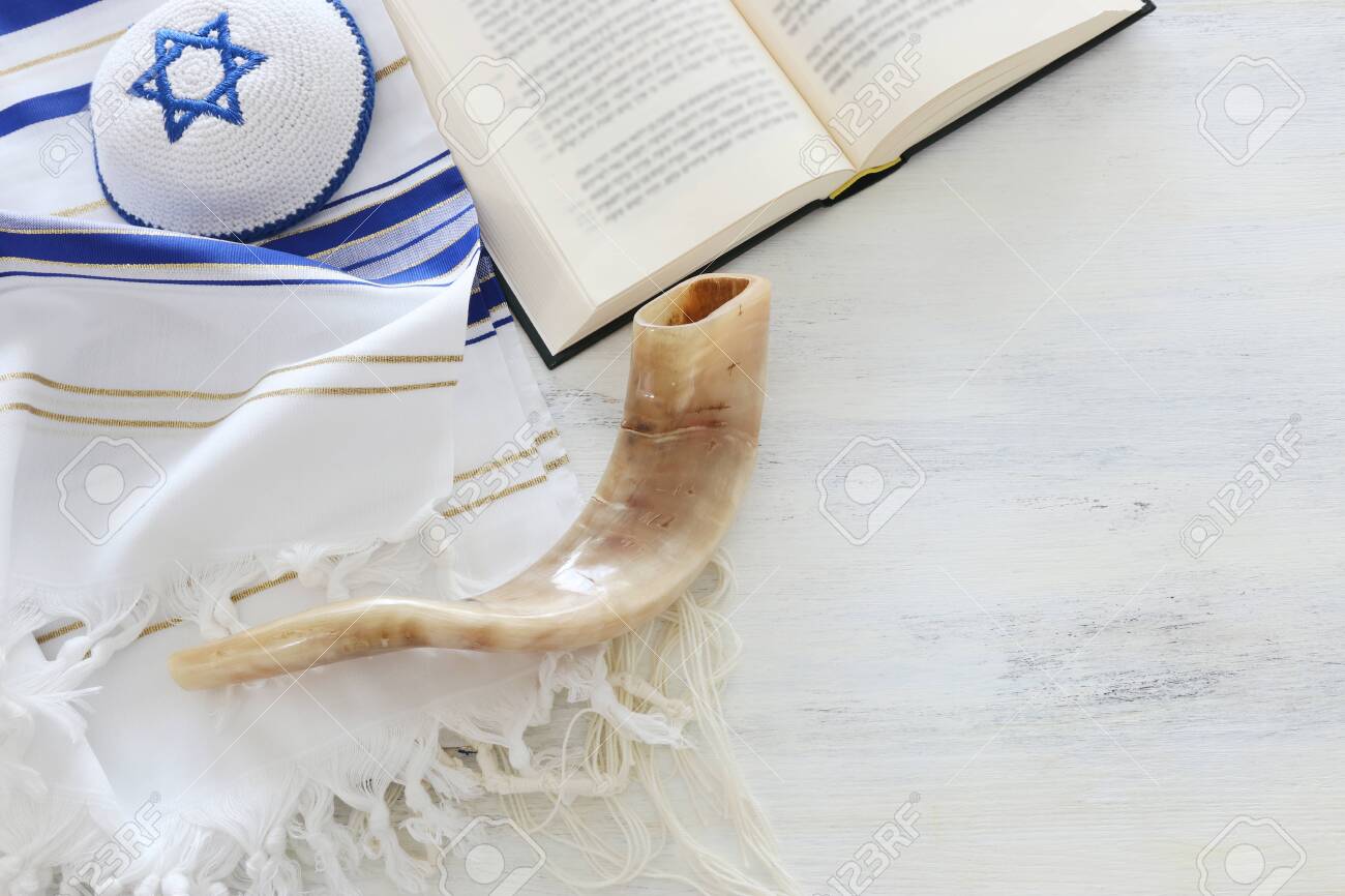 religion image of Prayer Shawl - Tallit, Prayer book and Shofar (horn) jewish religious symbols. Rosh hashanah (jewish New Year holiday), Shabbat and Yom kippur concept. - 129482025 religion image of Prayer Shawl - Tallit, Prayer book and Shofar (horn) jewish religious symbols. Rosh hashanah (jewish New Year holiday), Shabbat and Yom kippur concept. - 129482025
