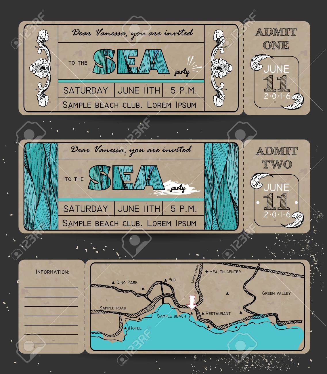 summer invitation template on paper ticket to a sea party or