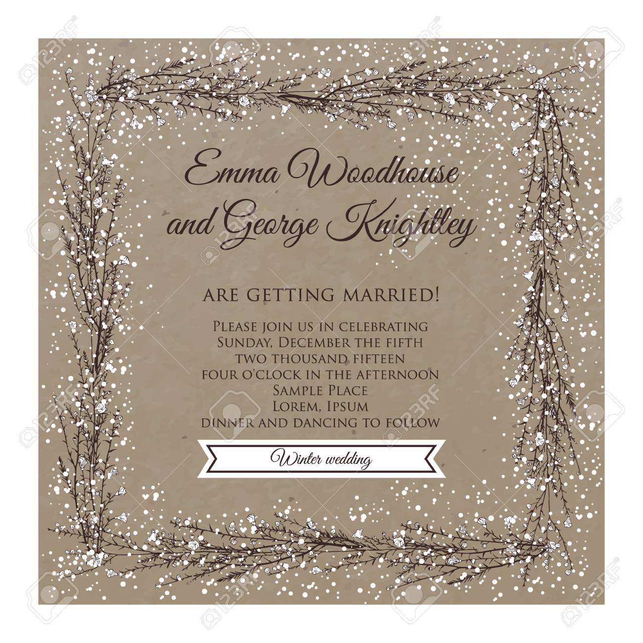 winter wedding invitation card on kraft with hand drawn branch winter wedding invitations