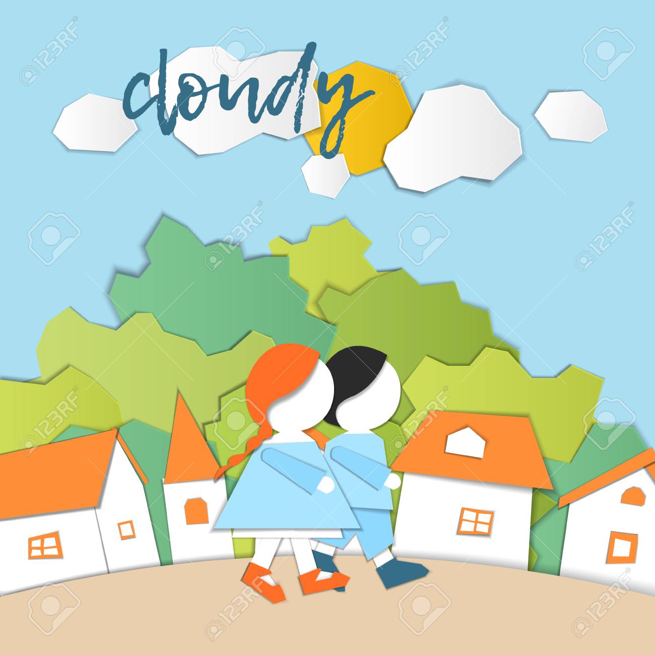 Vector Characters Weather Forecast In Papercut Style Girl And Royalty Free Cliparts Vectors And Stock Illustration Image