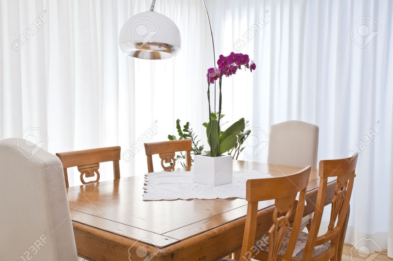 Modern Dining Room With White Curtains Stock Photo Modern Dining Room With White Curtains Stock Photo