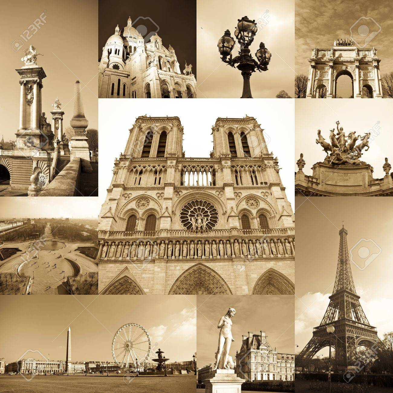 paris collage of the most famous monuments and landmarks stock photo