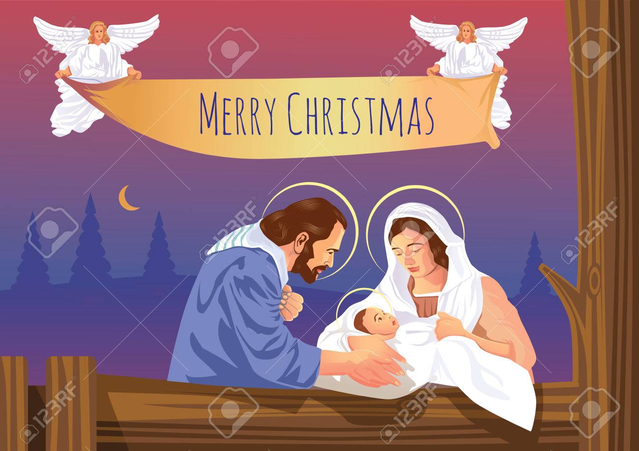 Immagini Di Natale Con Angeli.Vettoriale Presepe Cristiano Di Natale Con Gesu Bambino E Angeli Image 66406742