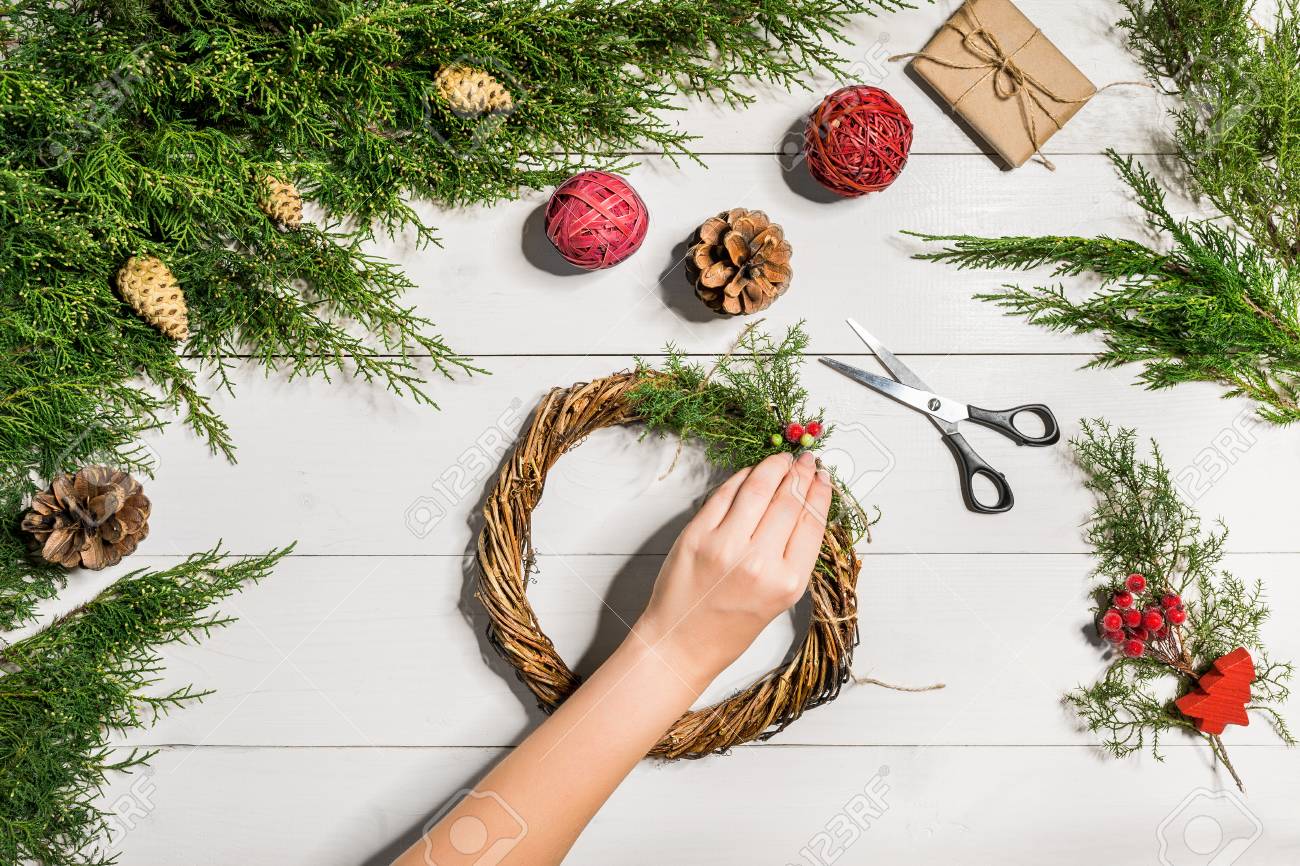 christmas handmade diy background making craft xmas wreath and