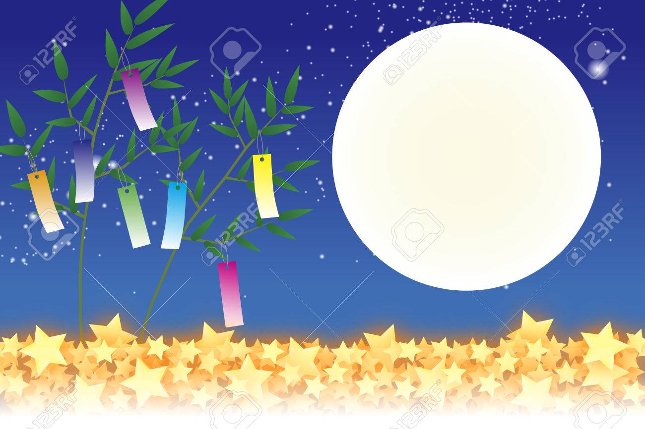 壁紙素材 七夕飾り 祭り 伝統 葦 竹の葉 夏 スターダスト 天の川 銀河 ホワイト スペースをコピーのイラスト素材 ベクタ Image