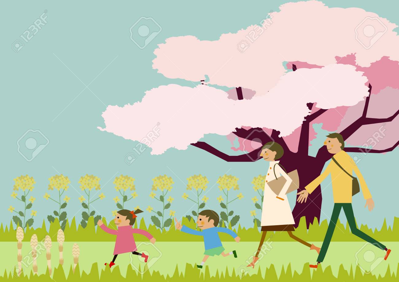 家族のトレッキング春の風景 春のイメージ 桜と家族 ハイキングのイメージ 短い旅行 春の風景 スプリングクリップアート のイラスト素材 ベクタ Image