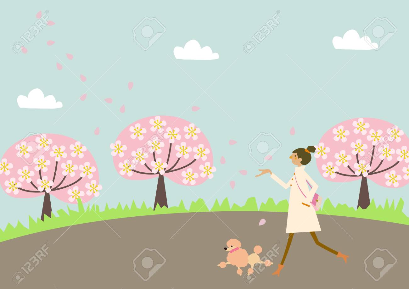 犬の散歩女と犬春のイメージ 季節のイラスト のイラスト素材 ベクタ Image