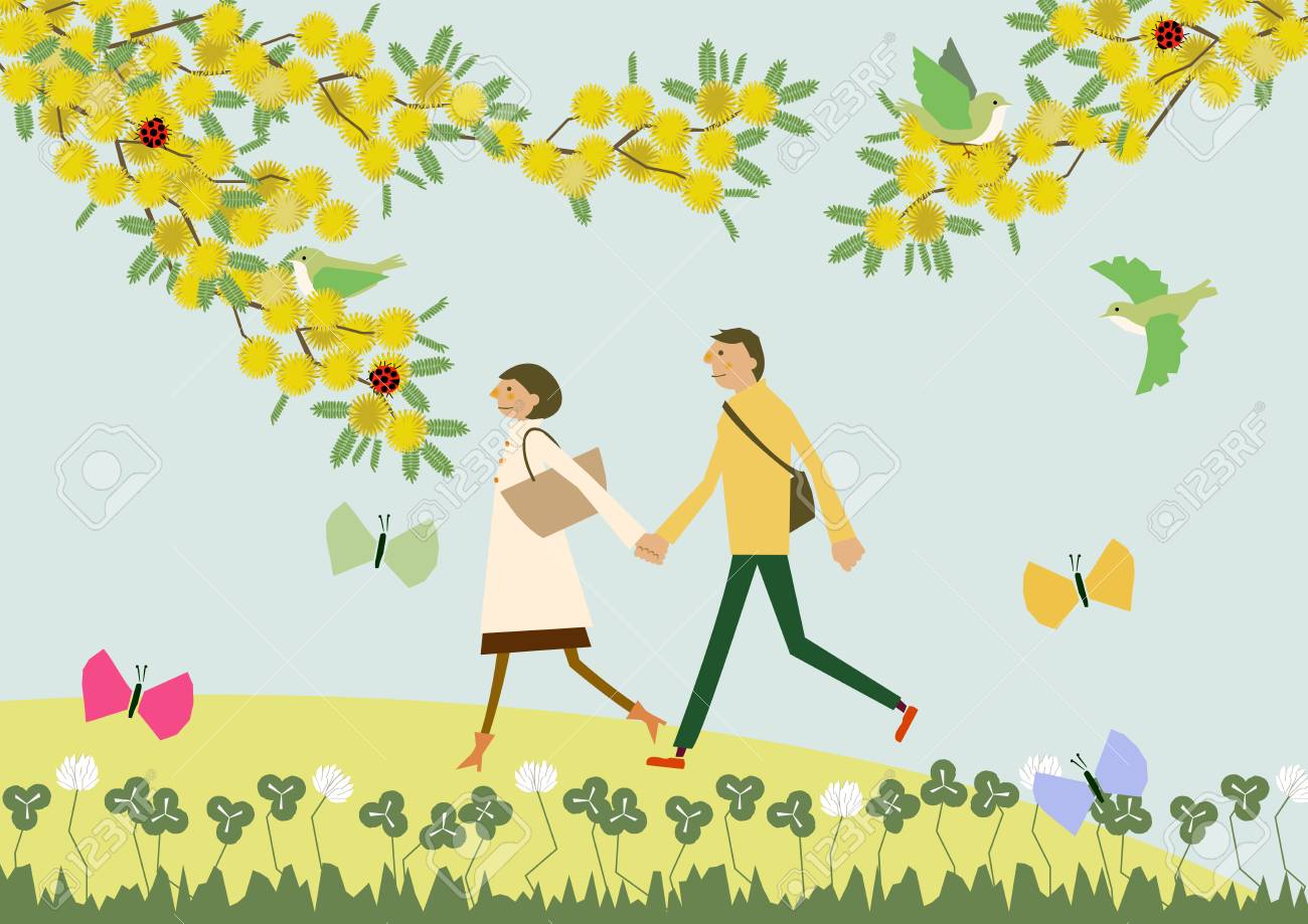A couple walking with the flowers of Mimosa. Illustration of the season. Image of spring. - 92913824 A couple walking with the flowers of Mimosa. Illustration of the season. Image of spring. - 92913824