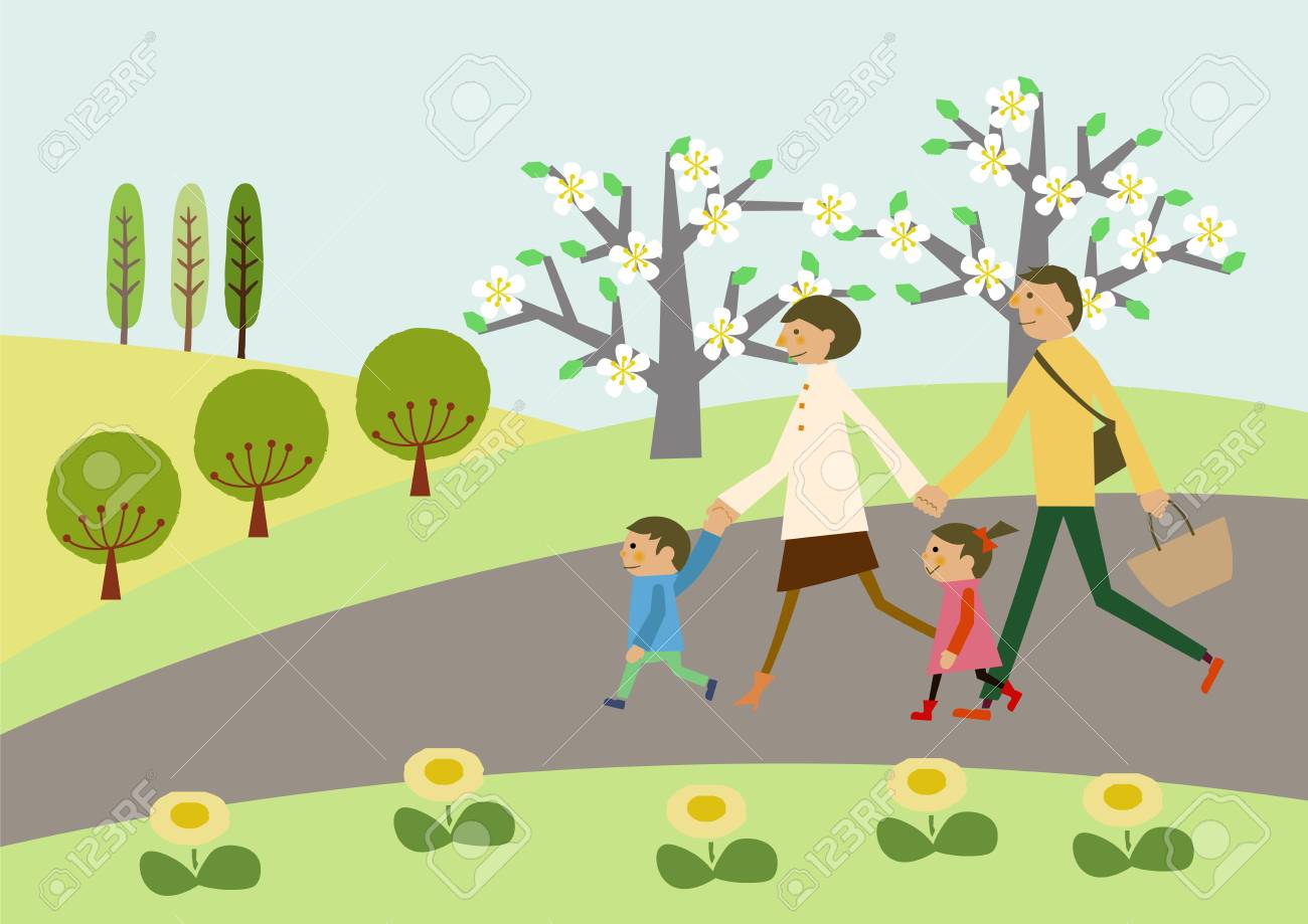 家族のトレッキング春の風景 春のイメージ 桜と家族 ハイキングのイメージ 短い旅行 春の風景 スプリングクリップアート のイラスト素材 ベクタ Image