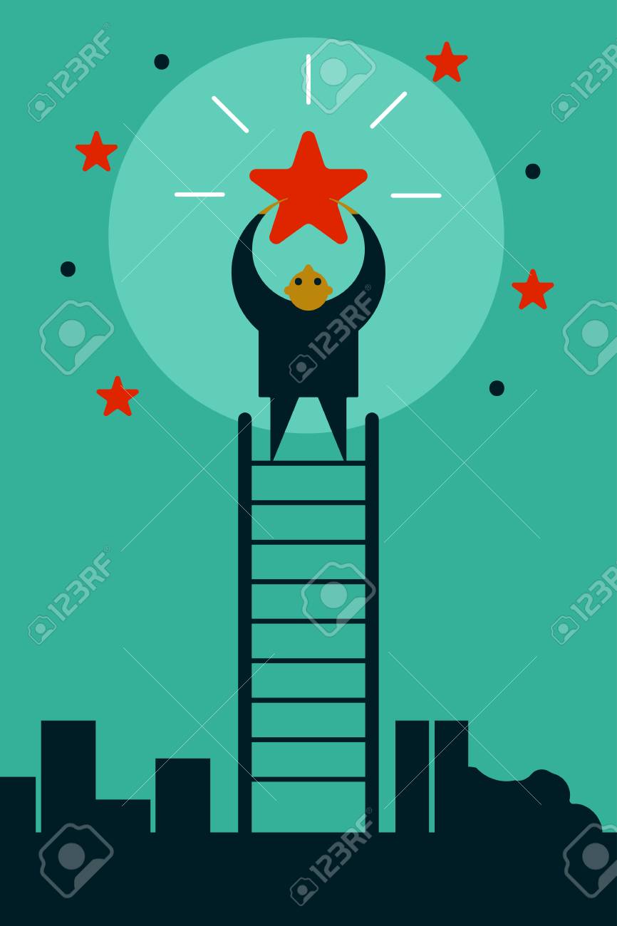 Businessman Climbing Ladder Up And Taking Star From Sky Cartoon - 