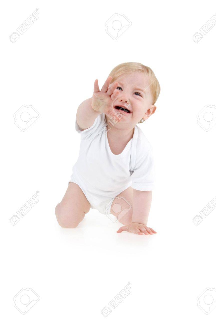 Crying suckling crawler on all fours on white background. - 12586293 Crying suckling crawler on all fours on white background. - 12586293
