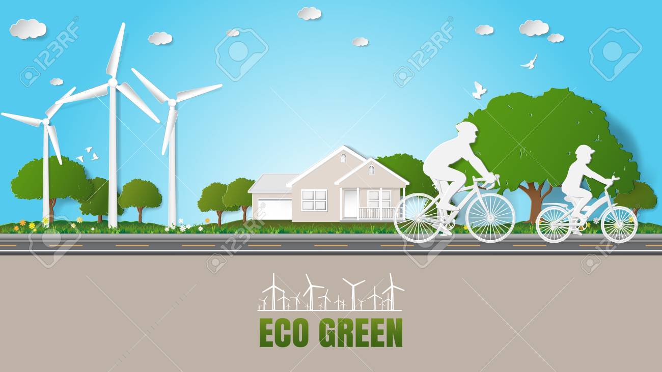 折り紙アート折り紙スタイルのベクトル図です 再生可能エネルギー エコロジー技術節電環境に優しいコンセプト 父 息子の家公園の前の道路に自転車に乗っています のイラスト素材 ベクタ Image