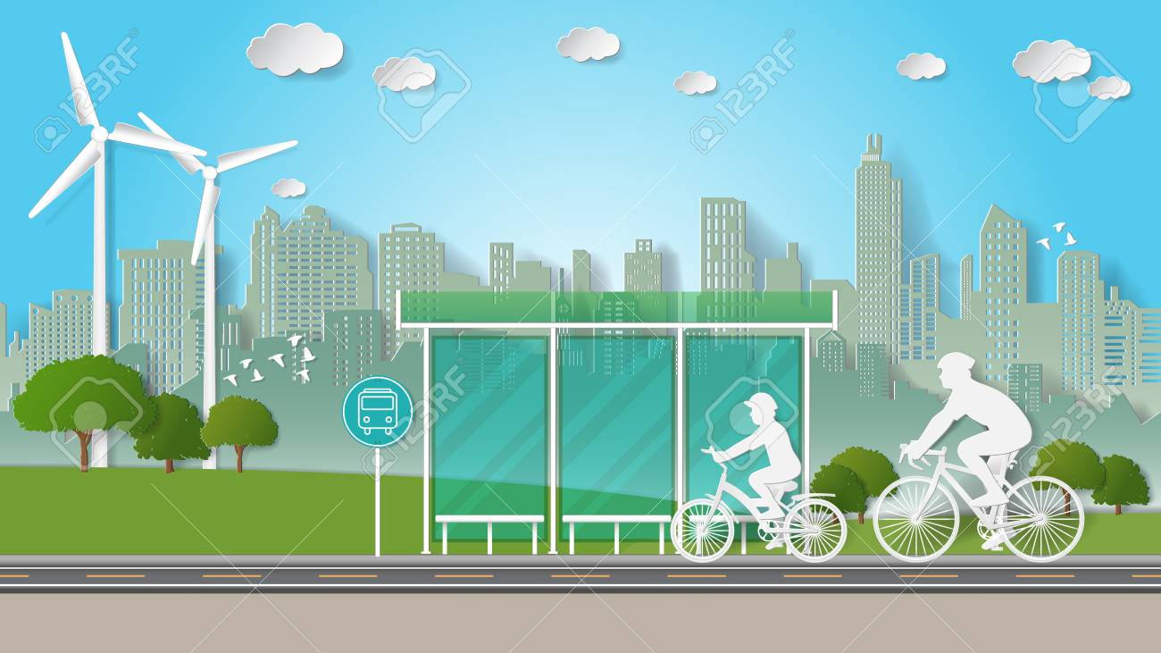 紙折りアートのスタイルの図の折り紙 再生可能エネルギー エコロジー技術節電 家族にやさしいコンセプト緑の都市公園のバス停で自転車に乗っています のイラスト素材 ベクタ Image