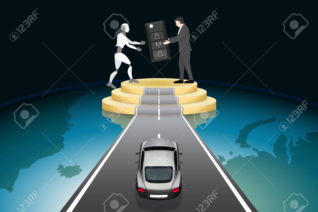 Artificial Intelligence futuristic technology innovative concepts, self-driving autopilot in near future. Businessman give car keys to robot on road podium with supercar, abstract vector illustration. - 111889750 Artificial Intelligence futuristic technology innovative concepts, self-driving autopilot in near future. Businessman give car keys to robot on road podium with supercar, abstract vector illustration. - 111889750