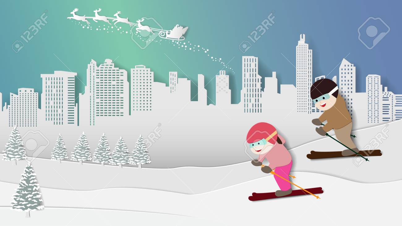 Paper folding art origami style vector illustration. Merry Christmas Happy New Year. Children are enjoying skiing in winter snow, night aurora lights sky with santa claus reindeer over city background - 110354228 Paper folding art origami style vector illustration. Merry Christmas Happy New Year. Children are enjoying skiing in winter snow, night aurora lights sky with santa claus reindeer over city background - 110354228