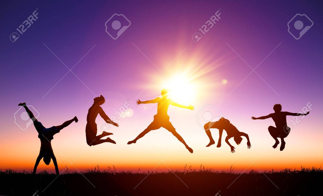 happy young people jumping on the hill with sunlight background - 34001848 happy young people jumping on the hill with sunlight background - 34001848