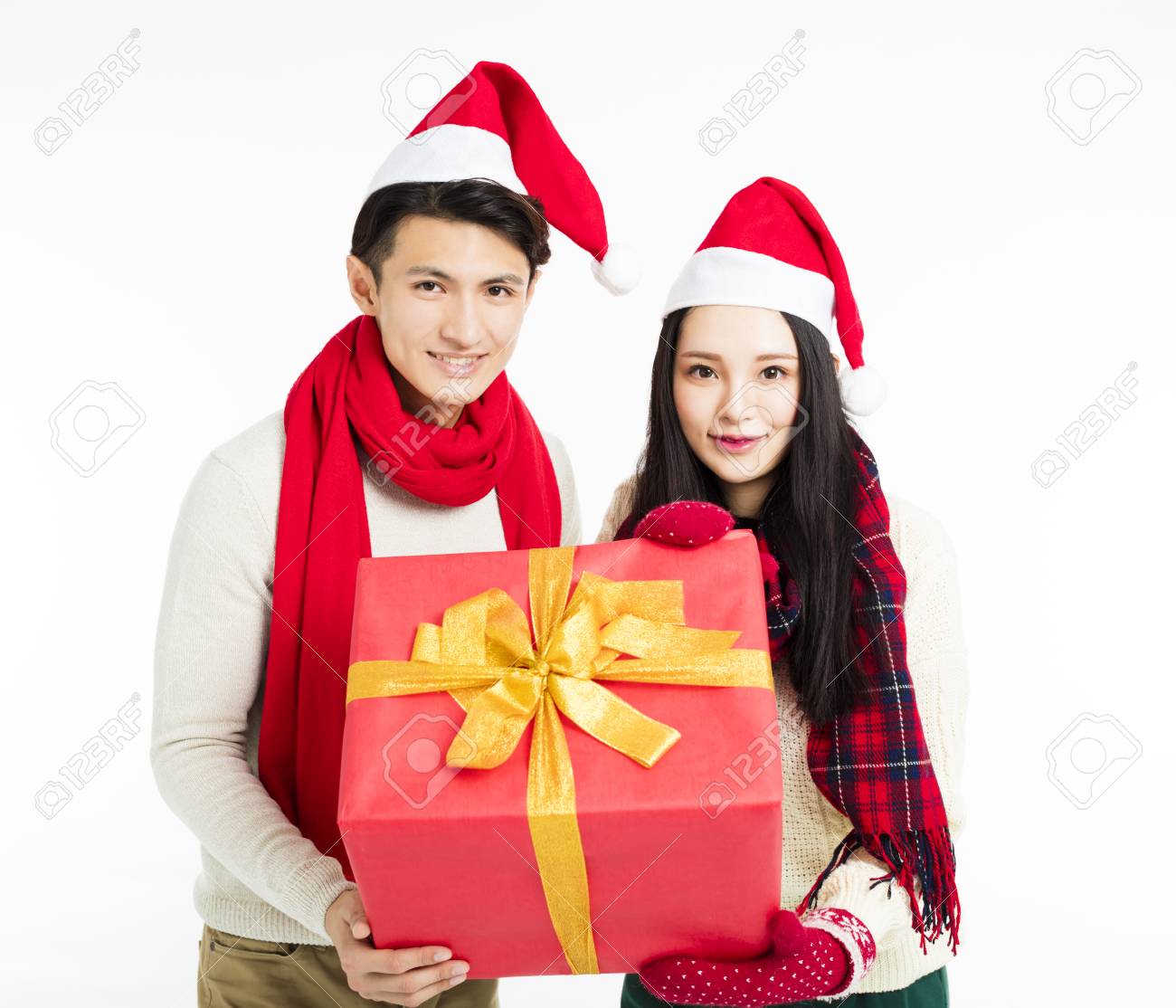 happy young couple showing