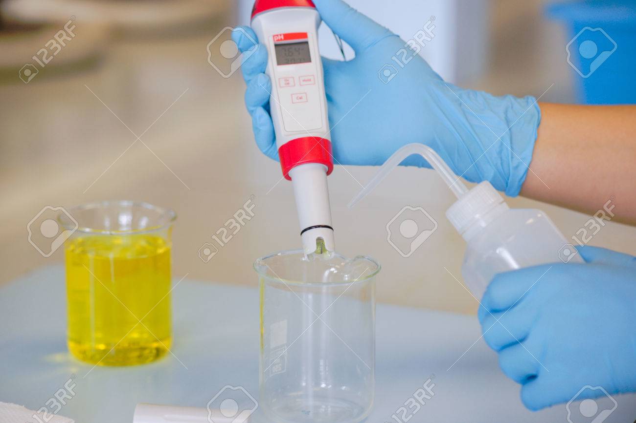 The scientist work at the chemical solution with handle pH meter - 81293478 The scientist work at the chemical solution with handle pH meter - 81293478