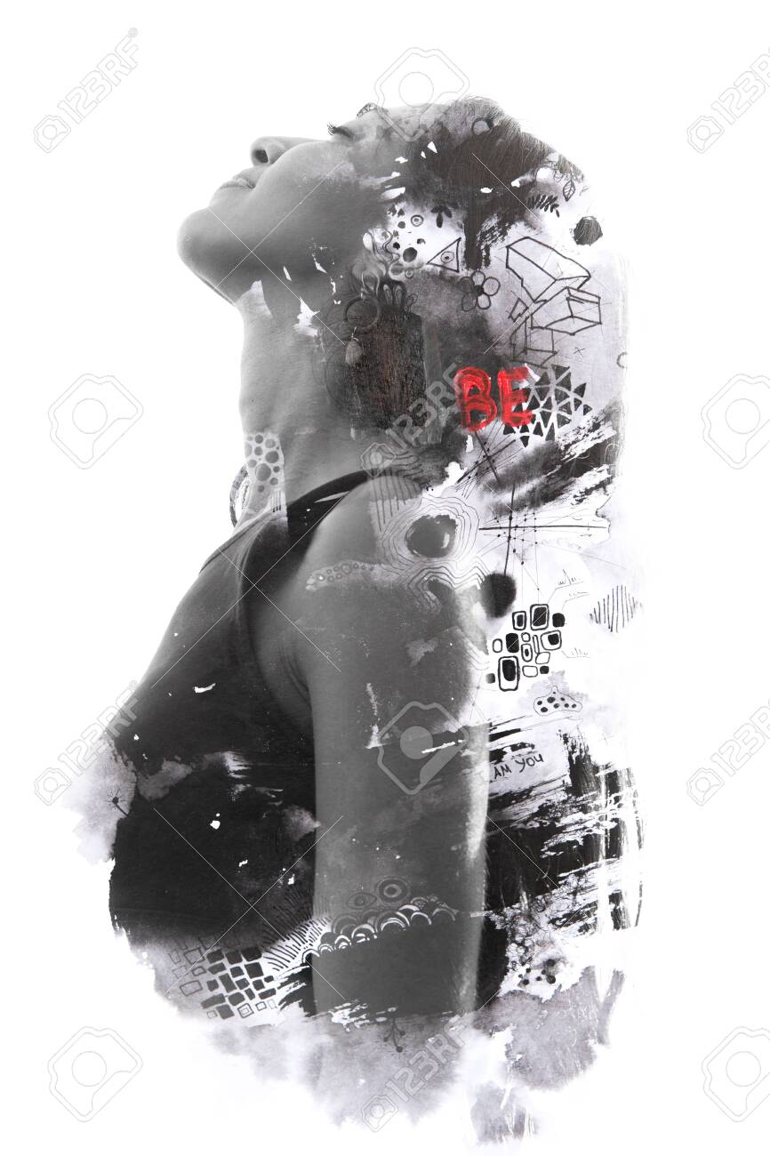 Paintography. Double exposure of woman's face and torso dissolving into particles and shapes with hidden messages - 130777987 Paintography. Double exposure of woman's face and torso dissolving into particles and shapes with hidden messages - 130777987
