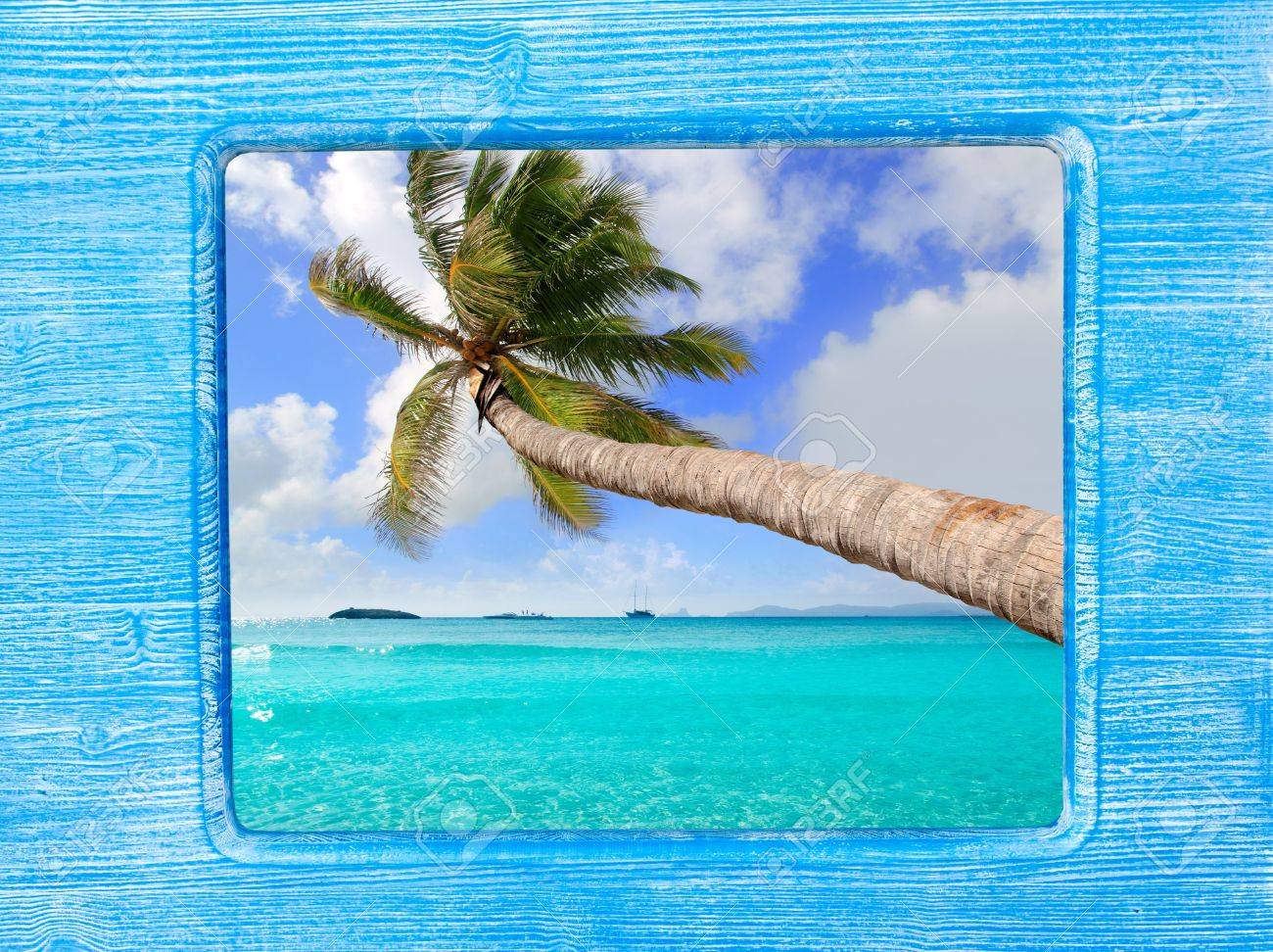 Blue Wood Border Frame With Palm Tree Tropical Beach