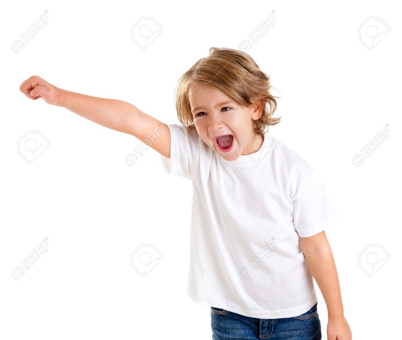 Children Kid Screaming With Happy Expression Hand Up Isolated On White  Stock Photo, Picture And Royalty Free Image. Image 12382374.