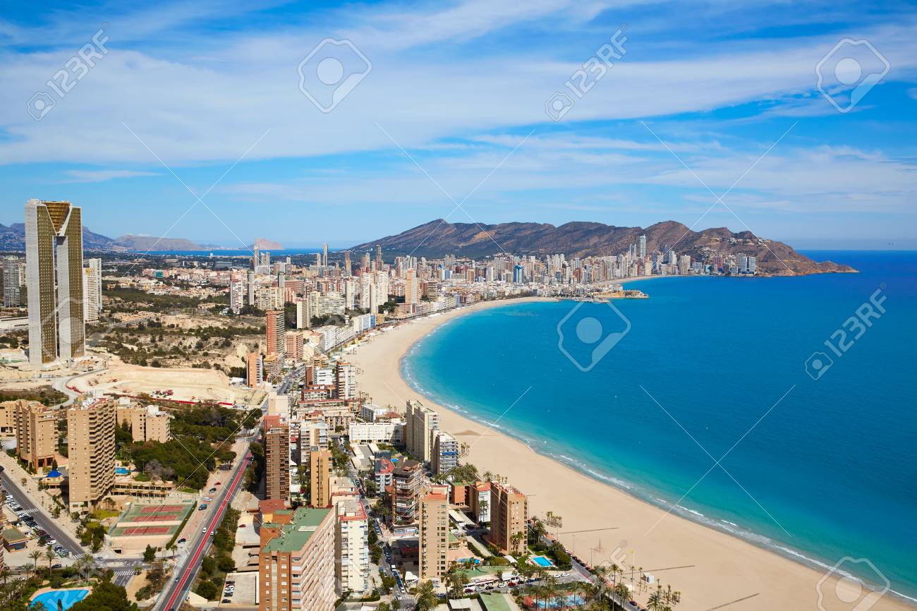 Benidorm beach aerial skyline in Alicante Mediterranean of Spain - 58879114 Benidorm beach aerial skyline in Alicante Mediterranean of Spain - 58879114