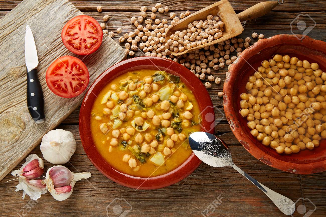 Potaje de Garbanzos chickpea stew Spain recipe traditional with ingredients - 65838408 Potaje de Garbanzos chickpea stew Spain recipe traditional with ingredients - 65838408