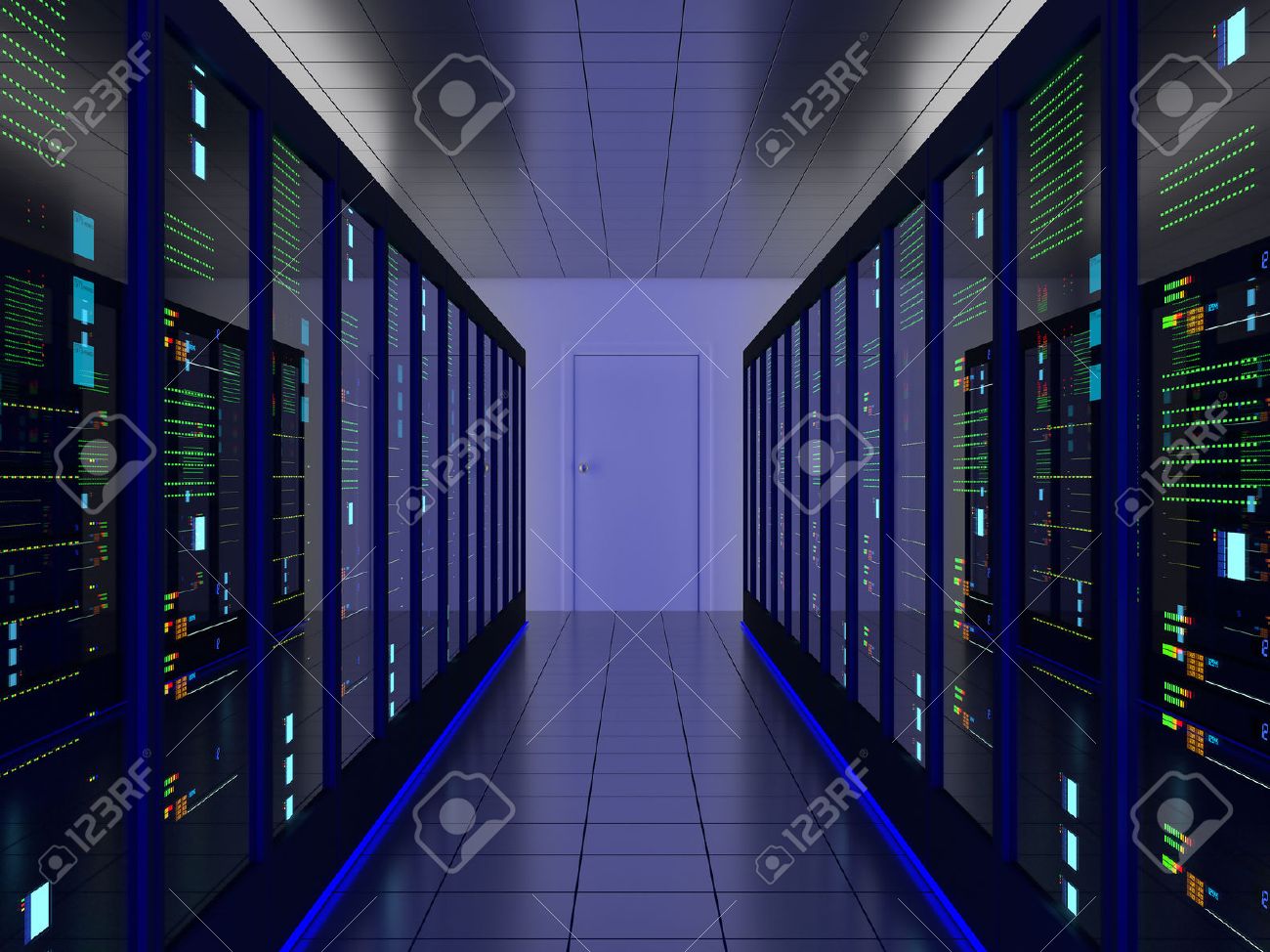 stock photo symmetrical server room colocation or colo with server cabinets on two sides - Free Colo stock photo symmetrical server room colocation or colo with server cabinets on two sides - Free Colo