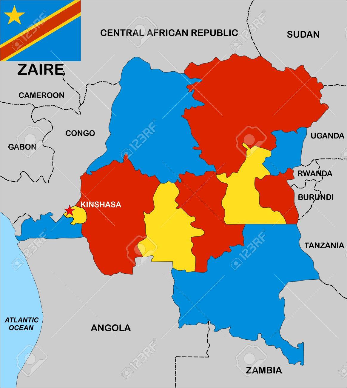 Very Big Size Political Map Of Zaire With Flag Stock Photo, Picture and  Royalty Free Image. Image 13319884.