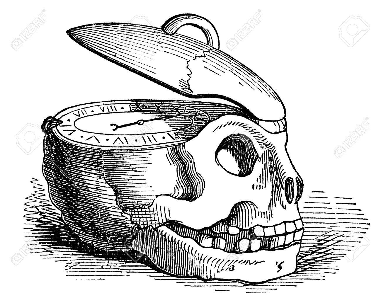 an engraved illustration drawing of a human skull clock watch of the concept of time