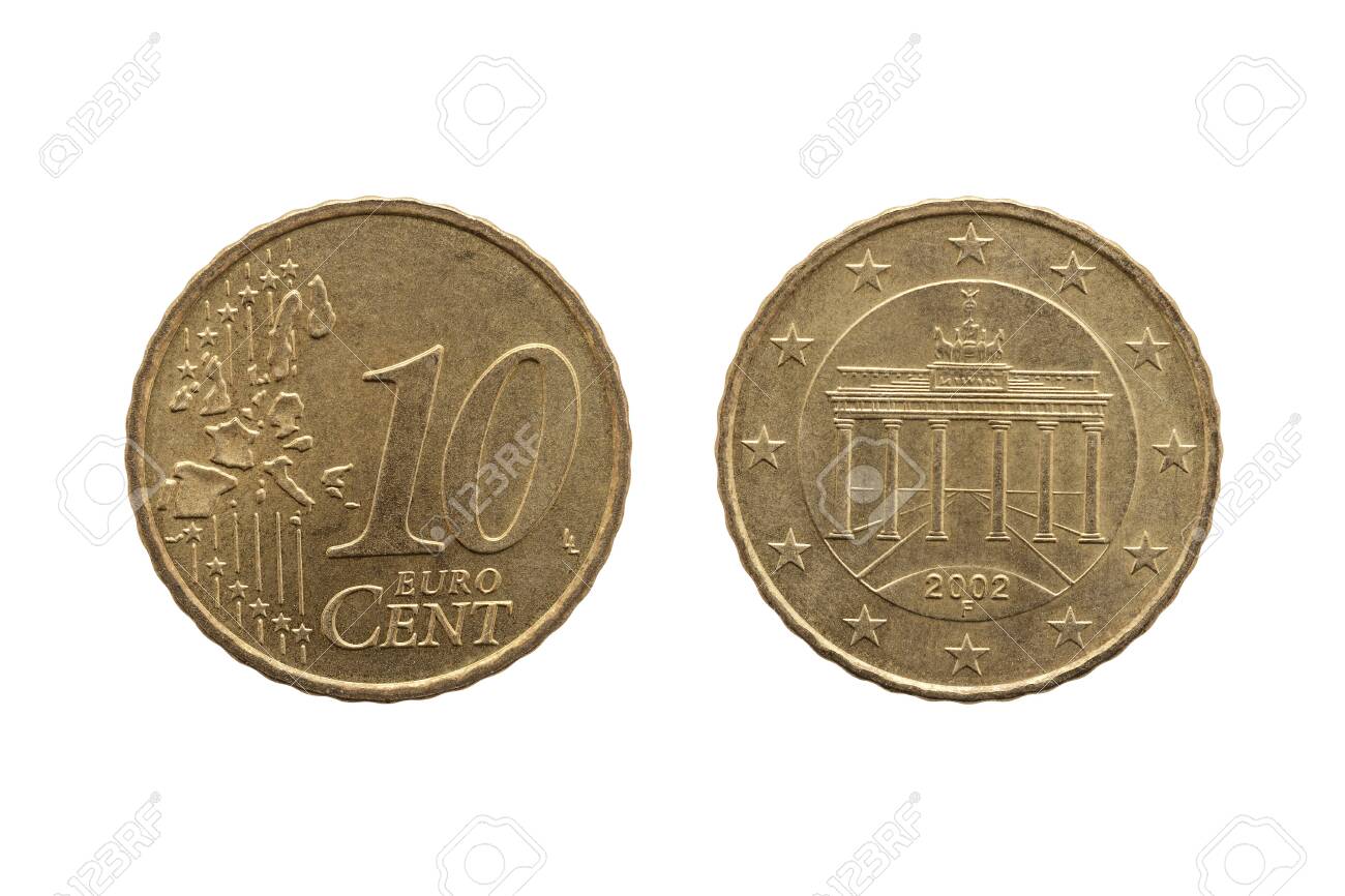 2002年のドイツの10ユーロ硬貨は、ベルリンのブランデンブルク門が白い背景に切り取られて孤立していることを示しています。の写真素材・画像素材  Image 150927518