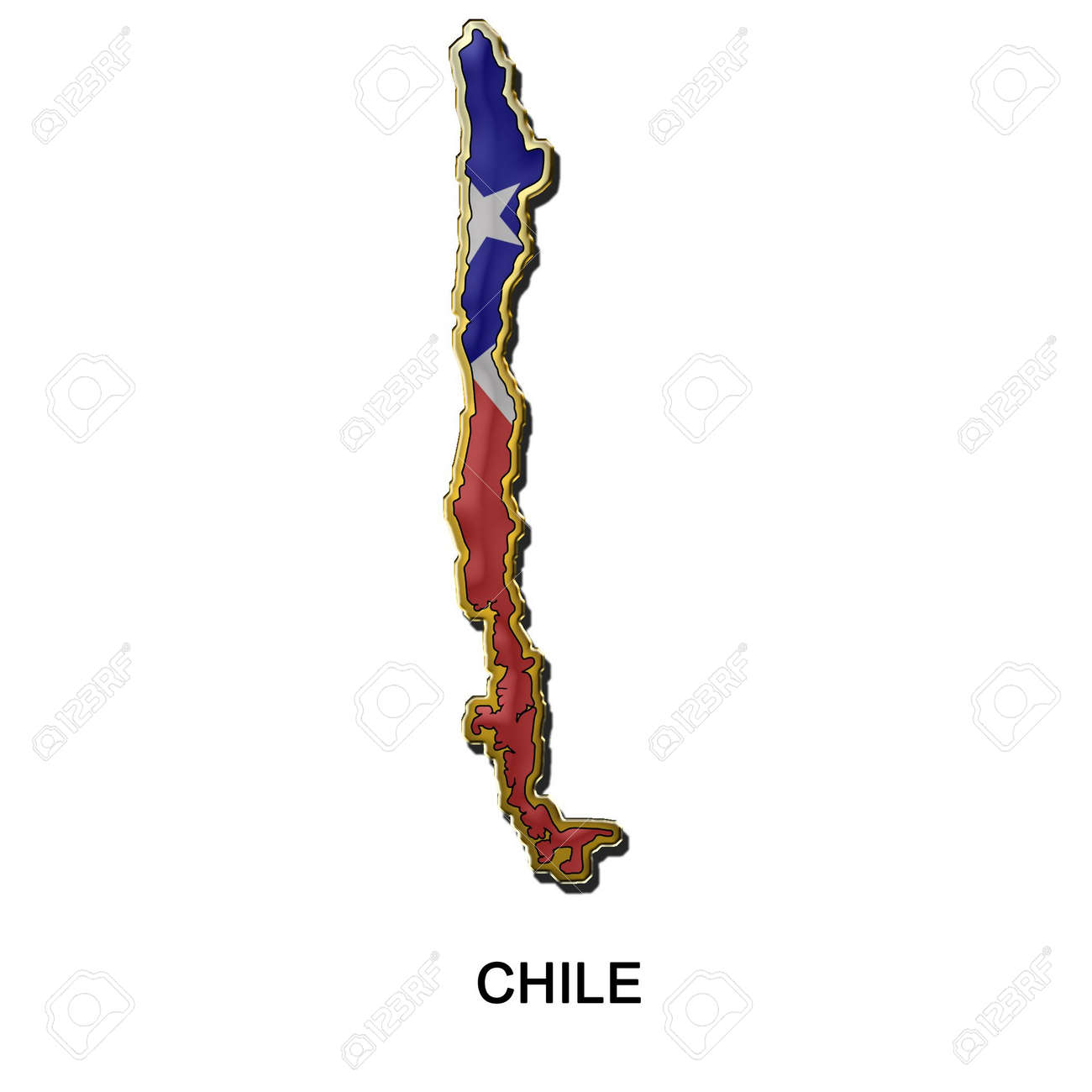 map shaped flag of chile in the style of a metal pin badge stock