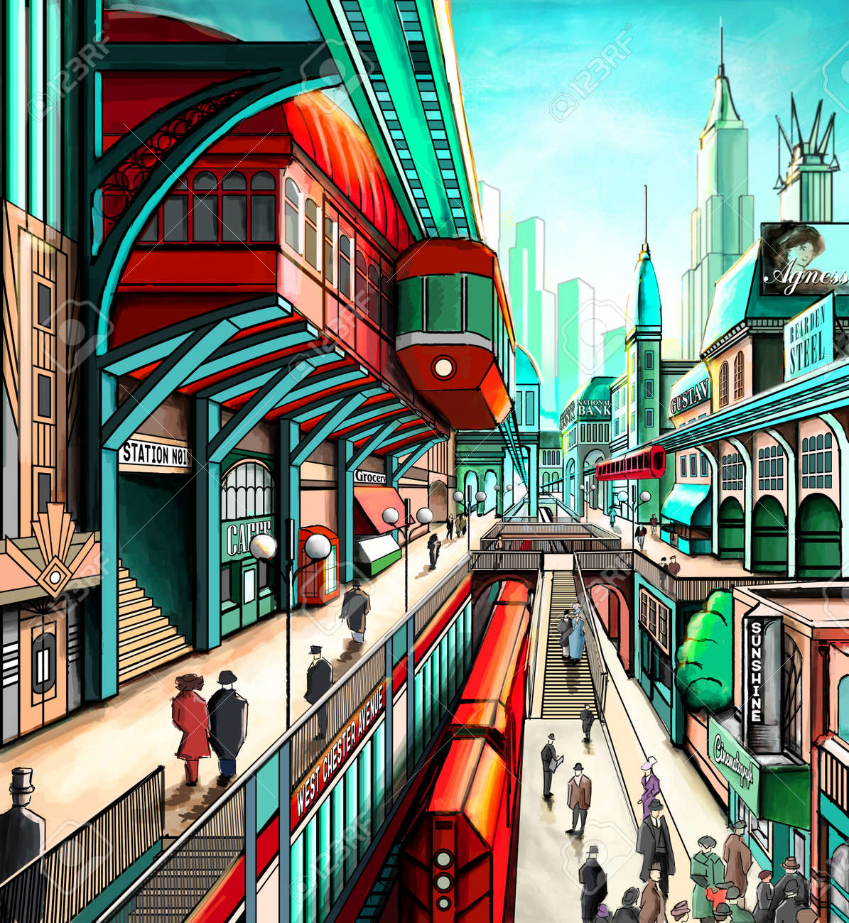 レトロフューチャー、懸垂鉄道、電車、アールデコ、町民の